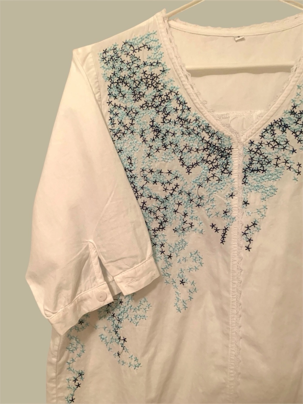 Embroidered 100% Cotton Top with Blue Accents